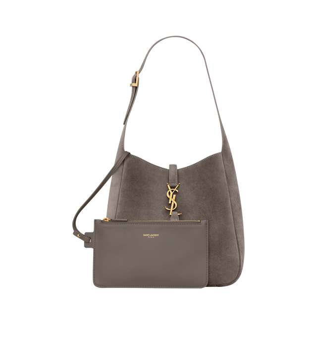 Image 2 of 4 - BROWN - SAINT LAURENT Le 5  7 Small Suede Bag featuring a removable zip pouch, leather tab closure decorated with the cassandre, adjustable strap, cotton lining and bronze-tone hardware. 9" x 8.7" x 3.1". Strap drop: 8.3". Calfskin. Made in Italy. 