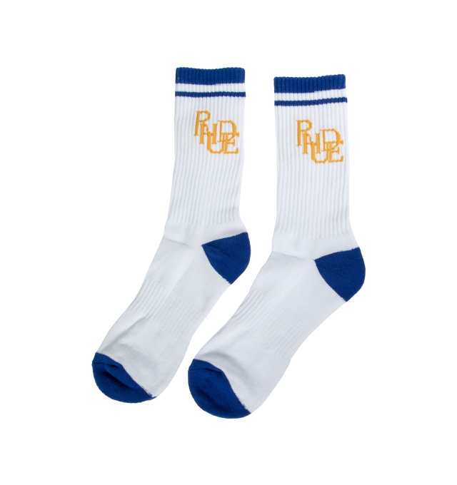 WHITE - RHUDE Scribble Socks featuring calf-high rib knit stretch cotton-blend socks in white and blue. Intarsia logo graphic at cuffs. 80% cotton, 12% polyester, 8% spandex. Made in China.