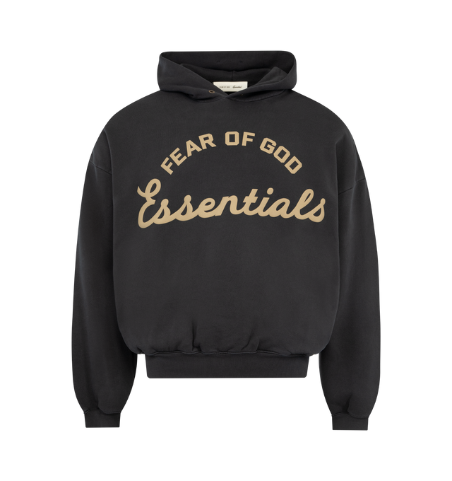 Image 1 of 3 - BLACK - FEAR OF GOD ESSENTIALS Training 90s Hoodie featuring 390GSM cotton fleece, pigment dyed, puff-printed Fear of God Essentials training logo is branded on the front, double-layer hoodie, side pockets, rib-knit cuffs, waist-hem and Essentials label on the hood edge. 100% cotton. 