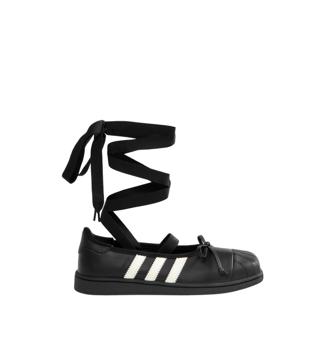 Image 1 of 6 - BLACK - Adidas Women's Jennie Superstar SQ Ballet Shoes are crafted from leather and feature a low-cut silhouette, a squared shell toe, and an elastic closure for easy entry and a secure fit. Finished with a textile sockliner, signature 3-Stripes, Trefoil branding, Jennie co-branding details, and includes optional shoelaces for customization. Main Material: Leather.  