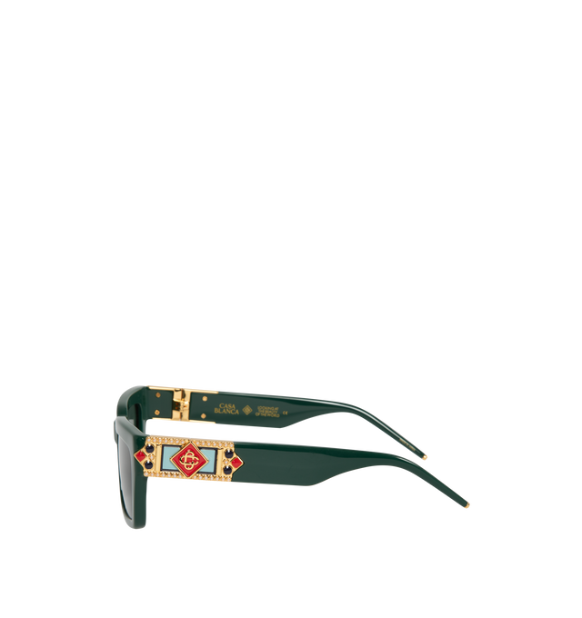 Image 2 of 3 - GREEN - CASABLANCA Monogram Plaque Sunglasses featuring rectangular acetate-frame sunglasses, gray lenses, integrated nose pads, enameled logo hardware at temples and logo-engraved hardware at temple tips. 