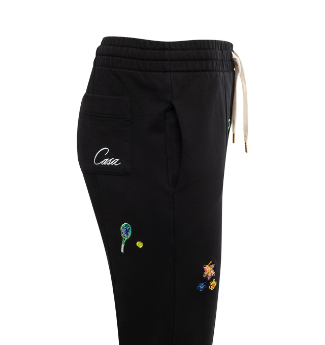 Image 3 of 3 - BLACK - CASABLANCA Elements En Crayon Embroidered Pintuck Joggers featuring elasticated drawstring waist, graphics and logo embroidery, two slip pockets, pintuck through legs and logo embroidery at back patch pocket. 100% organic cotton. 