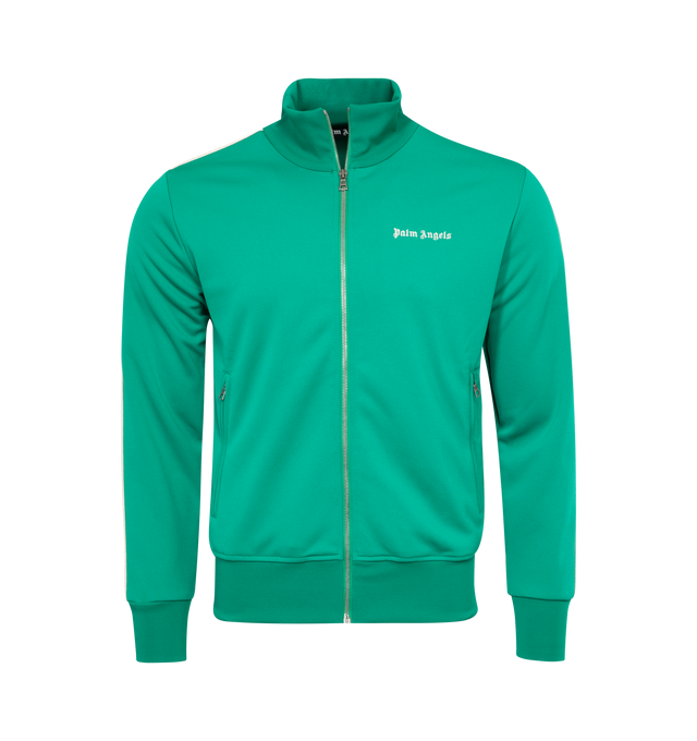 Image 1 of 2 - GREEN - PALM ANGELS Classic Logo Track Jacket featuring rib knit stand collar, hem, and cuffs, zip closure, logo embroidered at chest, zip pockets and striped trim at sleeves. 100% polyester. Made in Italy. 