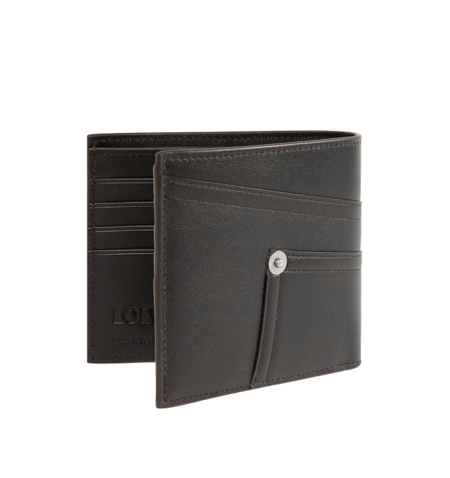 Image 2 of 3 - BROWN - LOEWE Panta Bifold Wallet featuring bifold wallet in vintage-finish shiny calfskin with denim trousers-inspired details, eight card slots, two large note pockets, two flat pockets, calfskin lining and embossed Anagram. Calfskin. 9.9 cm x 11 cm x 1.8 cm. Made in Spain. 