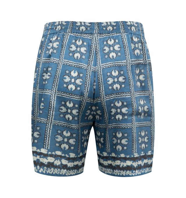 Image 2 of 5 - BLUE - NAHMIAS Tiled Silk Shorts featuring elastic waist, drawstring, two side pockets and all over print. Silk.  