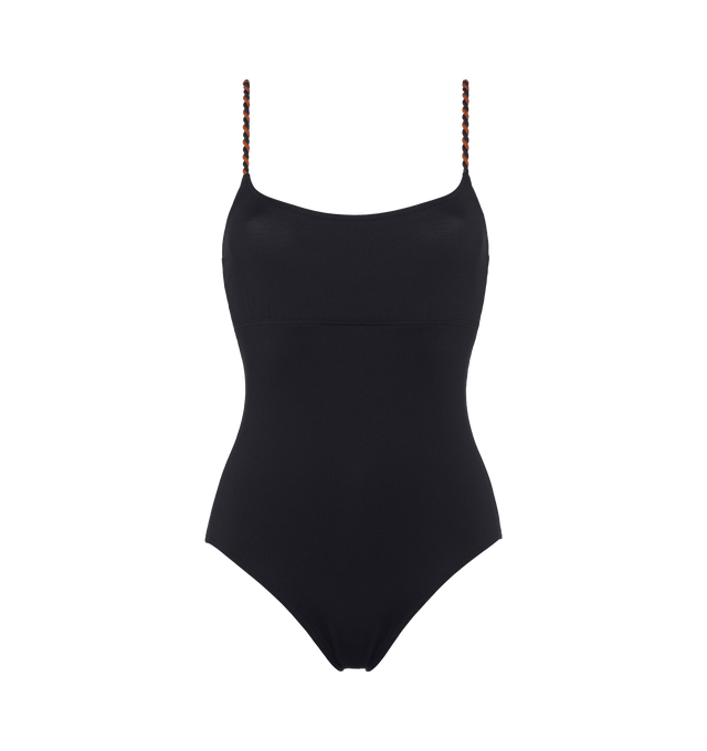 Image 1 of 5 - BLACK - ERES Carnaval One-Piece Tank Swimsuit featuring thin two-tone twisted straps and an underbust seam. 84% Polyamid, 16% Spandex. Made in Morocco. 