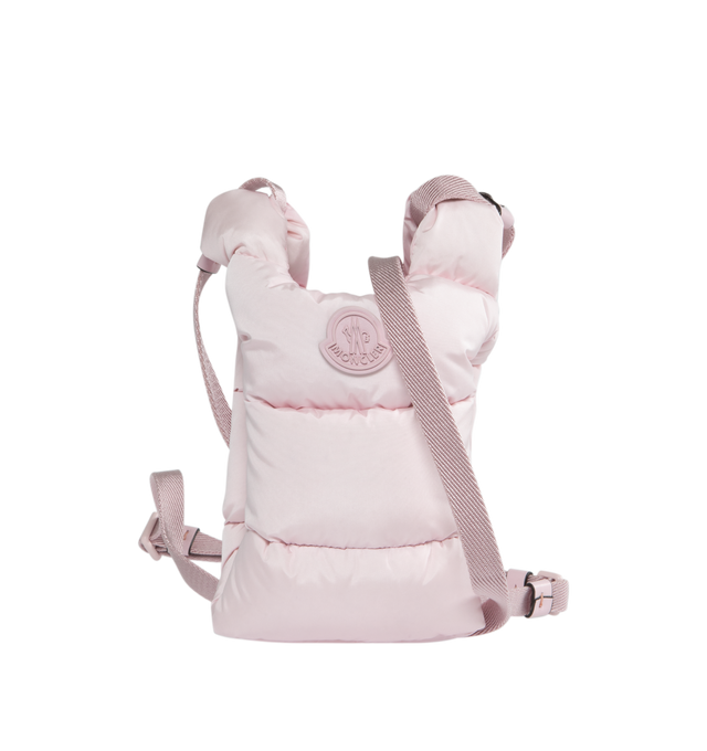 Image 1 of 3 - PINK - MONCLER Legere Cross Body Bag featuring water-repellent nylon, calf leather trim, down-filled and boudin-quilted, adjustable shoulder strap and logo. L 13 cm x H 16 cm x D 8 cm. 100% polyamide/nylon. Padding: 90% down, 10% feather. Made in Hungary. 