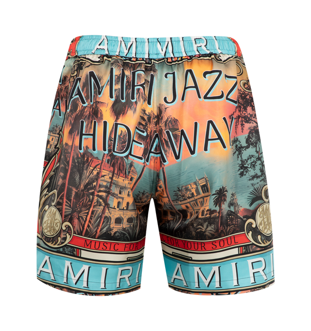 Image 2 of 3 - MULTI - Amiri Jazz Hideaway Shorts have an elastic drawstring waist, side pockets, an all-over graphic print, and logo print embellishments. Made in Italy. 