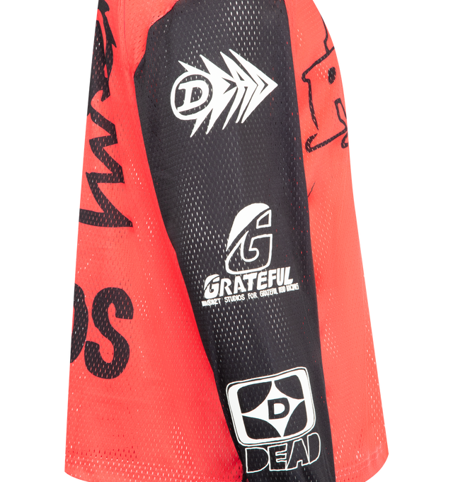 Image 3 of 4 - RED - MARKET X GD Moto Jersey featuring long sleeves, crewneck, logo graphics on front, back and sleeves and contrasting collar and sleeves. Mesh jersey. 