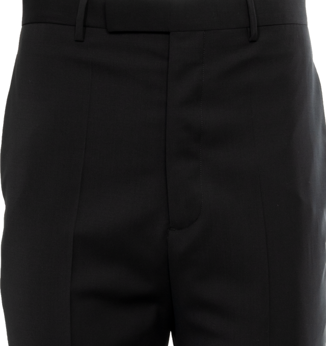 Image 4 of 4 - BLACK - RICK OWENS Astaires Cropped Pants featuring mid calf length, slim fit, classic waistband, concealed button fly, wrap button closure, belt loops, two side slit pockets, two back welt pockets and pressed creases. 100% new wool. Lining: 100% cupro.  