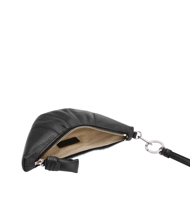 Image 2 of 2 - BLACK - LEMAIRE Crossbody Croissant Coin Pouch featuring padded grained leather coin pouch, key ring at adjustable and detachable crossbody strap, lanyard clasp at top, padded pull-tab at zip closure, cotton canvas lining and logo-engraved silver-tone hardware. H3.5" x W7.5" x D1". 100% leather. Lining: 100% cotton. Made in Spain. 