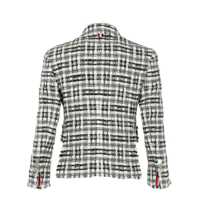 Image 2 of 2 - WHITE - Thom Browne Women's Ribbon-Tweed Sportcoat is crafted from ribbon tweed and features a tailored silhouette with notched lapels, a button-front closure, and frayed edges throughout. Designed in a textured check pattern, this elevated jacket is finished with front flap pockets, buttoned cuffs, the brand's signature grosgrain loop tab, and silver-tone hardware. Main Material: 64% Polyamide, 15% Polyester, 9% Viscose, 9% Acrylic, 2% Cotton, 1% Virgin Wool. Body Lining: 100% Silk. Sleeve L 