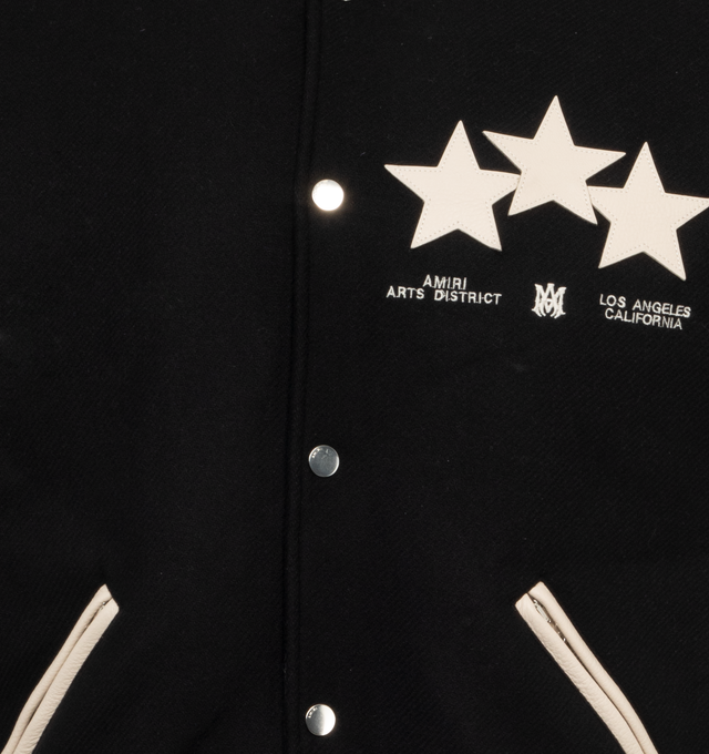 Image 3 of 4 - BLACK - AMIRI Stars Varsity Jacket featuring a constellation of leather star appliqus, striped rib-knit trim, snap front closure, welt zipper pockets and contrasting leather sleeves. 75% virgin wool, 25% nylon. Made in Italy. 