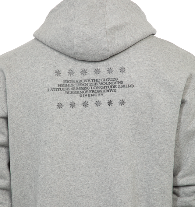 Image 3 of 4 - GREY - GIVENCHY BOXY FIT HOODIE WITH POCKET BASE featuring drawstring at hood, graphic at chest, kangaroo pocket, rib knit hem and cuffs and logo patch at back. 100% cotton. Made in Portugal. 