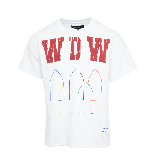 Image 1 of 2 - WHITE - WHO DECIDES WAR Training T-Shirt featuring rib knit crewneck, logo graphic printed at front and dropped shoulders. 100% cotton. Made in China. 