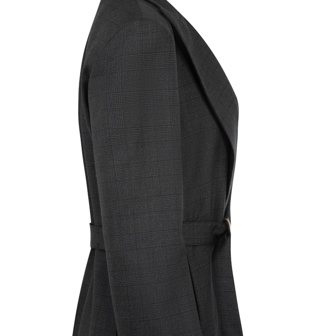 Image 3 of 3 - GREY - LOEWE Draped Jacket in lightweight checked fluid wool tailoring featuring a draped wrap front, a belt at the side, regular fit, regular length, peak lapel, buttoned cuffs, seam pockets, fully lined and LOEWE engraved D-ring. Wool. Made in Italy. 