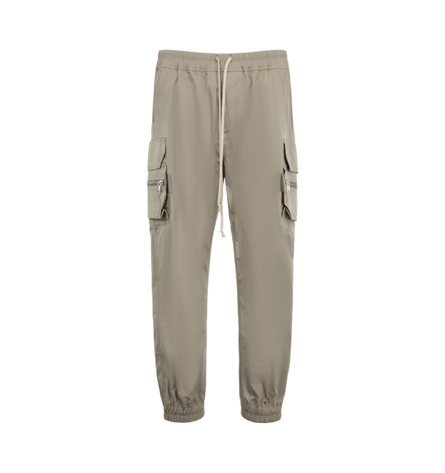 Image 1 of 3 - GREY - Rick Owens Men's Mastodon Cargo Pants are crafted from lightweight feather material and feature a slim-fit, full-length silhouette with an elasticized drawstring waistband. Designed with side pockets, zippered cargo pockets at the thighs, back flap pockets, and elasticized ankles, the style combines utilitarian detailing with a streamlined profile.  