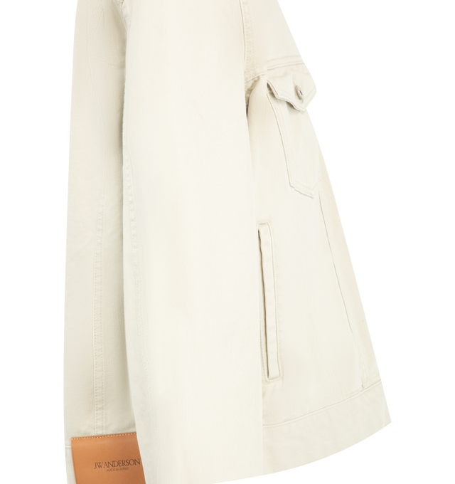 Image 3 of 3 - WHITE - JW Anderson Men's Corduroy Collar Jacket in ecru features a corduroy contrast collar, twisted patch pocket, engraved metal shank buttons, and finished with a leather logo patch. 100% Cotton. Crafted in Japan. 