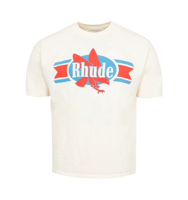 WHITE - RHUDE Chevron Eagle T-Shirt featuring short sleeves, rib knit crewneck, logo graphic and text printed at front. 100% cotton. Made in USA.