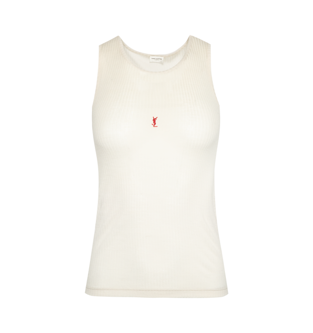 WHITE - SAINT LAURENT Tank Top featuring scoop neck, semi sheer, ribbed and embroidered at chest. 100% wool.