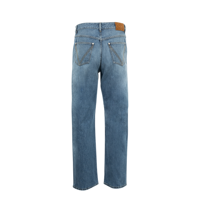 Image 2 of 3 - BLUE - Bottega Veneta men's vintage indigo wash jeans with straight leg, regular waist, button fly and intrecciato suede back patch. Material: 77% viscose, 14% polyester, 8% polyamide, 1% elastane. Made in Italy. 