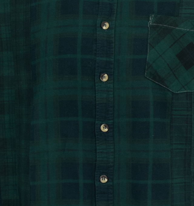 Image 3 of 3 - GREEN - NEEDLES Flannel Shirt featuring check pattern, spread collar, button closure, patch pocket and fringed detailing at shirttail hem. 100% cotton. Made in Japan. 
