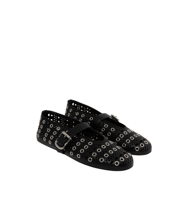 Image 2 of 4 - BLACK - ALAA Signature ballet flats inspired by classical Japonese shoes featuring buckle strap on top, round toes, and leather perforated with the iconic "Vienne" motif and enhanced by metallic eyelets. Lambskin upper and lining, rubber sole. Made in Italy. 