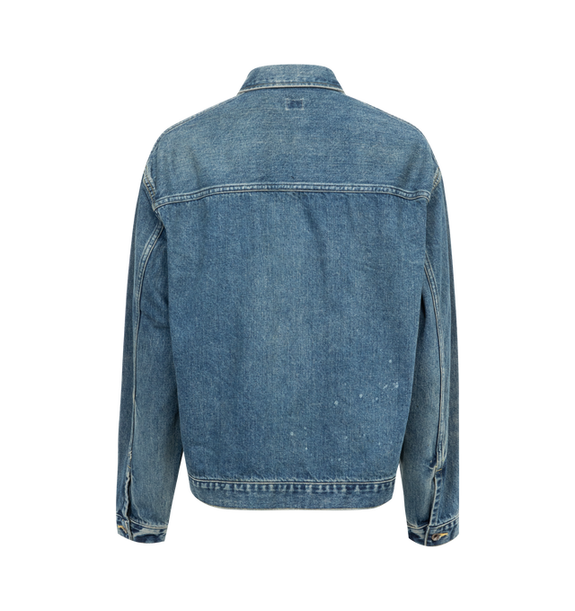 Image 2 of 2 - BLUE - CHIMALA Classic slightly cropped denim jacket with two front pleats for easier movement, a single hip pocket. Crafted from 100% cotton Japanese 13.4 oz selvedge denim woven on 1930's looms, natural indigo dye with a rinse wash. Made in Japan. 