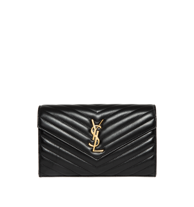 Image 1 of 3 - BLACK - SAINT LAURENT Monogram Chain Wallet featuring front flap, snap button closure, quilted overstitching and removable chain shoulder strap. 8.8 X 5.5 X 1.5 inches. Strap drop: 18.9 inches. 100% lambskin. Made in Italy.  