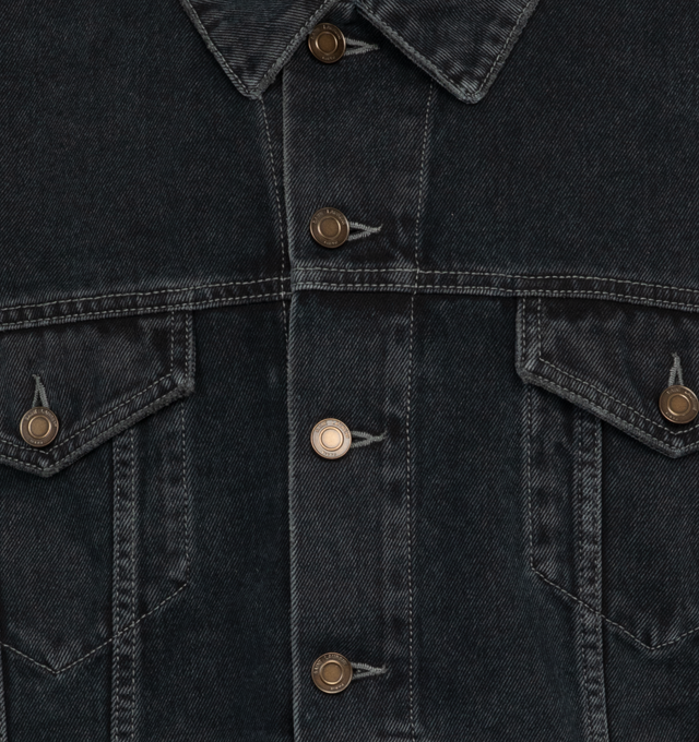 Image 3 of 3 - BLUE - SAINT LAURENT Egg Shape Denim Jacket featuring front button closure, oversized fit, two welt pockets at front, two patch pockets with button flaps, pointed collar and one button cuffs. 100% cotton. 