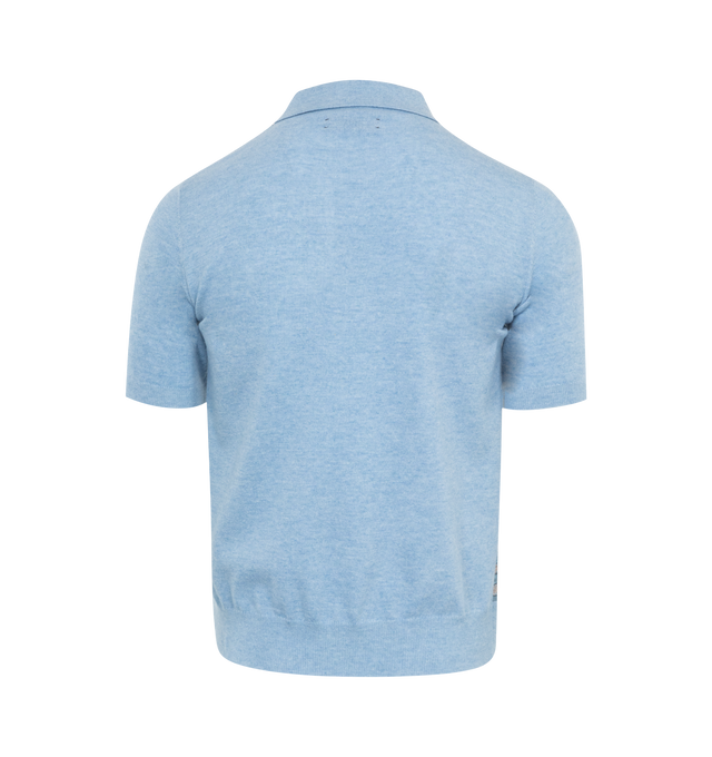 Image 2 of 2 - BLUE - AMIRI Contrast Panel Polo Shirt featuring exposed button fastenings at front, polo collar, regular fit, short sleeves, branded satin panels at front, contrast panels and ribbed trims. 100% wool. 100% silk. Made in Italy. 