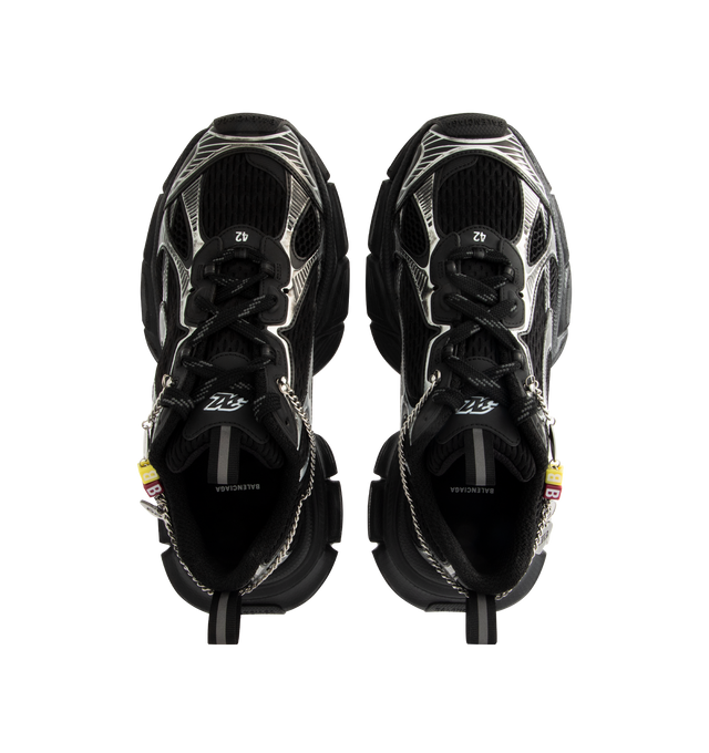 Image 5 of 5 - BLACK - BALENCIAGA 3XL Sneaker featuring polyurethane and polyester, worn-out effect, aged-silver chain with charms on the upper, Balenciaga logo at the edge of the toe and at back, debossed size on the upper and at the back of the heel, 3XL rubber branding on the tongue and back and tongue pull-on tab with reflective detail. Upper: polyurethane, polyester. Sole: rubber, EVA. Insole: foam. 