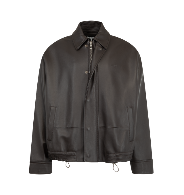 Image 2 of 4 - BROWN - Loewe Men's Drawstring Leather Jacket is crafted from lightweight nappa lambskin and features an adjustable drawstring hem. Designed with a relaxed fit and regular length, it is finished with a classic collar, concealed snap-button and zip-front fastening, snap-button cuffs, buttoned welt pockets, inside welt pockets, and a debossed Double L detail at the chest. Main Material: Nappa lambskin. Fully lined. Made in Spain. 