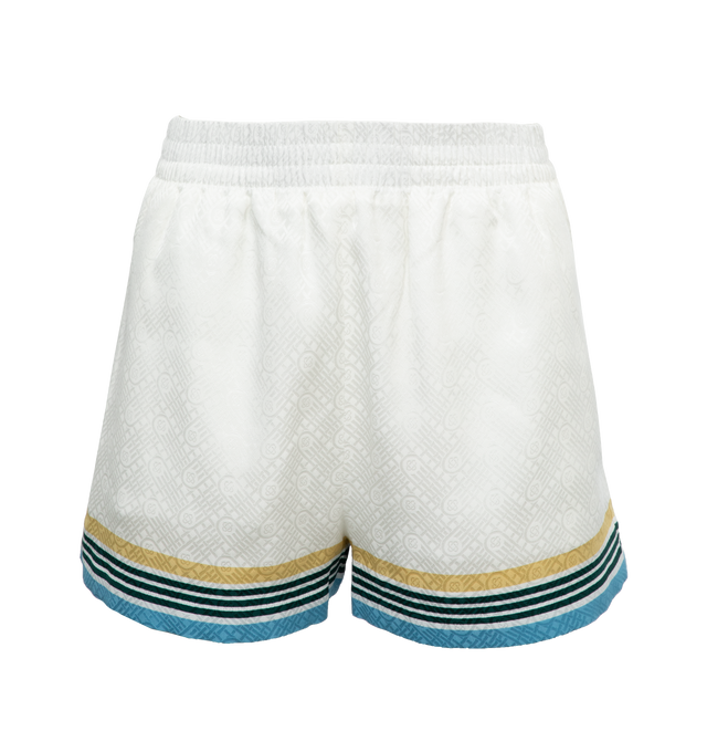 WHITE - CASABLANCA Casa Way Silk Shorts featuring classic fit, artwork on the back pocket, finished with in-seam pockets, elasticated waist with drawstring fastening, striped contrast detail on the hem and back pocket and printed silk twill fabric. 100% silk. Made in Italy.