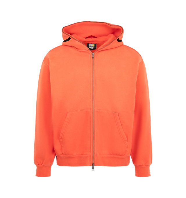 Image 1 of 2 - RED - The Men's Smiley Devil Full Zip Hoodie is crafted from 100% cotton with a washed finish. The design features a full-length YKK zip closure extending through the hood, while dimensional devil horns and Smiley detailing define the hood construction. A kangaroo pocket and ribbed trims complete the silhouette. 
