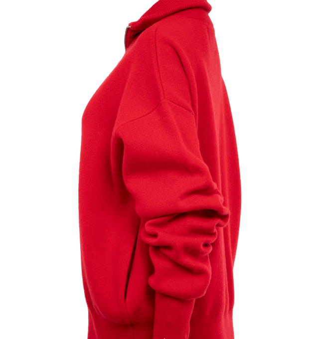 RED - EXTREME CASHMERE Xtra Out Cardigan featuring mock neck, long sleeves, ribbed cuffs and hem, two side slit pockets, multicolour embroidered motif and front two-way zip fastening. 100% cashmere.