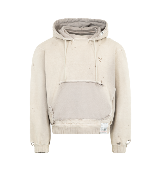 Image 1 of 3 - NEUTRAL - Maison Mihara Yasuhiro Men's Sun Faded Hoodie is crafted from cotton and features a relaxed silhouette with a sun-faded finish, distressed detailing, and front pockets for a worn-in, vintage-inspired look. This designer hoodie combines everyday comfort with Maison Mihara Yasuhiro's signature deconstructed aesthetic, while intentional fading and distressing create a unique character with every piece. Main Material: 100% Cotton. Made in China. 