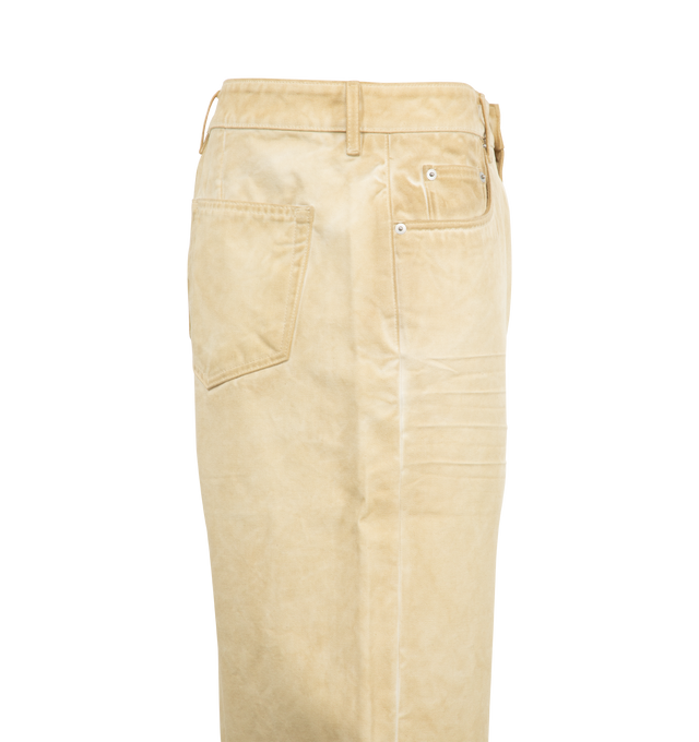 Image 3 of 3 - NEUTRAL - DRKSHDW Hollywood Geth Jeans featuring parchment 13oz foil denim, full length, 5-pocket style, mid-rise, wide fit, concealed zipper fly with top button, a waistband with belt loops and pocket rivets, rear patch pockets and topstitching. This medium weight foil denim is overdyed and has a clear, semi shiny foil overlay that creates a waxy touch. 90% cotton, 7% polyester, 3% rubber. 