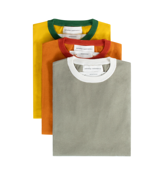 Image 1 of 7 - MULTI - EXTREME CASHMERE Clark 3 Pack featuring boxy ringer t-shirts in a pack of 3 with contrasting bands at the short sleeves and round neck. 30% cashmere, 70% cotton. 