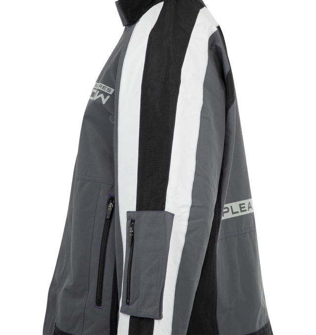 Image 3 of 4 - BLACK - PLEASURES Tactical Moto Jacket featuring relaxed fit, printed logo, hidden mesh ventilation and side zip pockets. 100% water resistant polyester. 