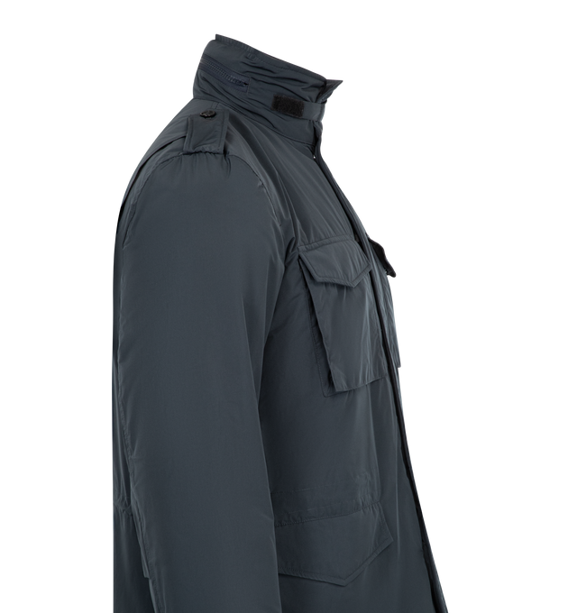 Image 5 of 5 - NAVY - ASPESI Mini Field Jacket in nylon taffeta featuring extra-thermal wad padding, detachable fold-away hood, zip plus hidden button fastening and wind flap, waterproof, four patch pockets, drawstring waist, zipper pull branded with the micro-injected Aspesi logo and slim fit. 100% polyamide. 