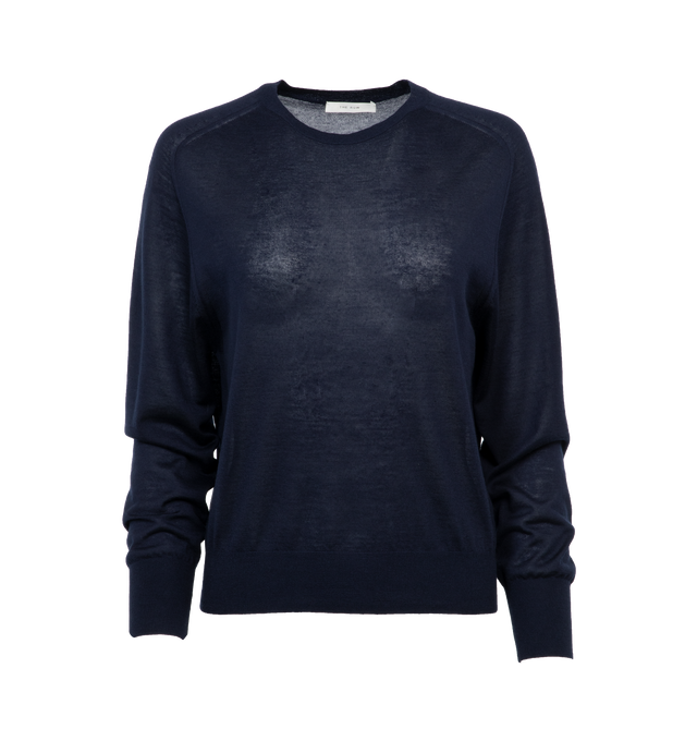 Image 1 of 3 - NAVY - THE ROW Elmira Top featuring classic crewneck top in super fine cashmere with raglan sleeves and slightly shrunken fit. 100% cashmere. Made in Italy. 