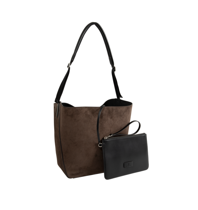 Image 2 of 3 - BROWN - Moncler Women's Carlo Suede Shoulder Bag is crafted from tactile cow suede and features a soft hobo silhouette accented with leather piping and contrast blanket stitching. Designed for versatile hand or shoulder carry, this designer bag features a leather handle, nylon lining, a removable zipped pouch, and signature Moncler logo detailing at the bottom. Leather Exterior: Cow Leather. Leather Inserts: Cow Leather. Lining: 100% Polyamide/Nylon. Dimensions: 28 x 31 x 18 cm. Fits a large  