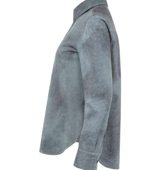 Image 3 of 3 - GREY - BOTTEGA VENETA Cloudy Suede Shirt featuring detachable suede throat latch, button closure, unlined and regular fit. Lambskin. Made in Italy. 