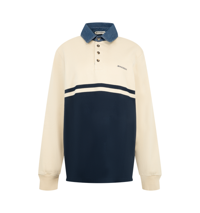 Image 1 of 2 - NAVY - JW Anderson Women's Long-Sleeved Contrast Collar Rugby Polo in off-white & navy cotton jersey. Features a contrast denim collar, knitted stripe and a ribbed cuff. Finished with logo embroidery at the chest and horn buttons. Composition 1:100% Cotton. Composition 2: 98% Cotton, 2% Elastane. Made in Portugal. 
