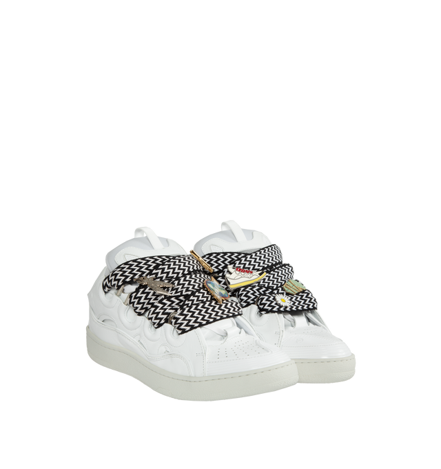 Image 2 of 5 - WHITE - LANVIN LAB X FUTURE Curb and Pins Sneakers featuring leather upper, front pull loop, front lace-up closure, padded tongue, logo details and rubber sole. 100% calf. Lining: 20% elasterell-p, 80% polyamide. Made in Italy. 