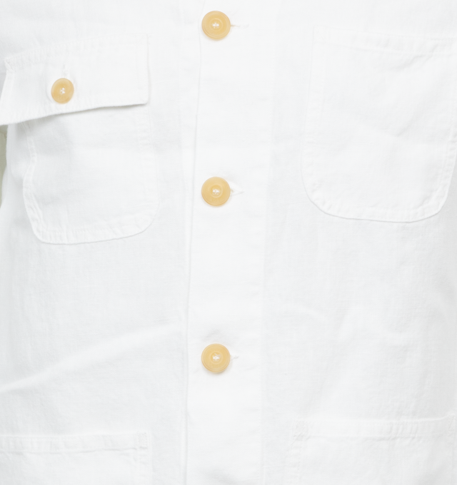 Image 3 of 3 - WHITE - 120% LINO 4 Pocket Jacket featuring classic collar, front button fastening, long sleeves, buttoned cuffs, three front patch pockets, chest flap pocket and straight hem. 100% linen.  