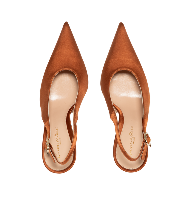 Image 4 of 4 - ORANGE - Gianvito Rossi Womens Sofia Sling Pumps are crafted from stretch crepe satin textile. Feature a pointed toe, elasticized slingback strap, signature Sofia sculptural heel, and leather sole. Heel Height: 9.5 cm. Main Material: Stretch Crepe Satin Textile; Sole: Leather. Handmade in Italy. 
