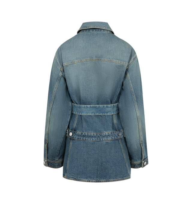 Image 2 of 3 - BLUE - Alaa Faded blue denim peplum jacket featuring a fitted cut, removable belt, contrasting topstitching, metal buttons. Made in Italy.  99% cotton 1% polyeurethane. 