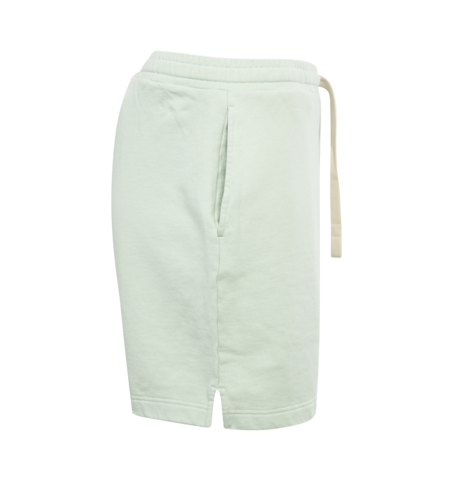 Image 3 of 3 - GREEN - PALM ANGELS CLASSIC LOGO SWEATSHORT with elastic waistband and white drawstring, slim fit, and palm angels logo embroidered in white over the left knee. 100% cotton with 100% polyester embroidery.  
